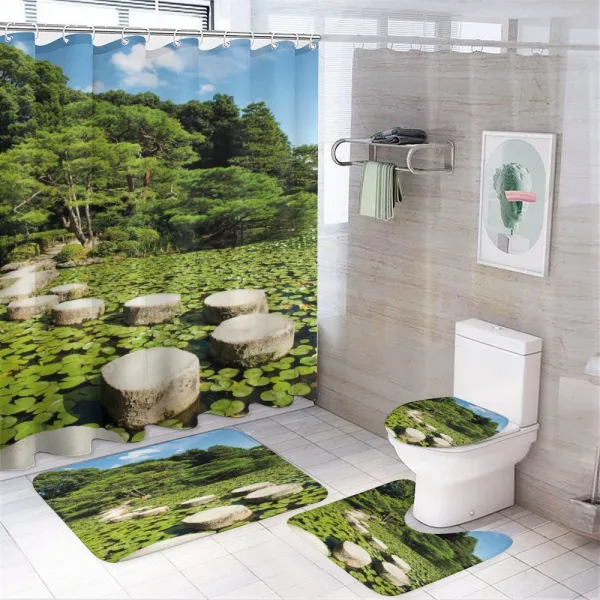 Japanese Stone Path Lotus on a shower curtain