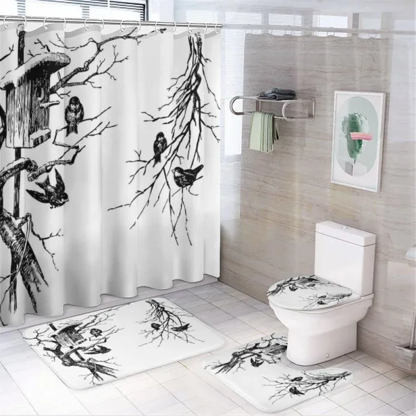 Nest of Sparrows on a shower curtain