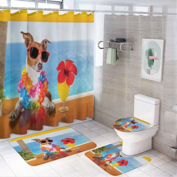 Cool Dog Sitting at Beach Bar on a shower curtain