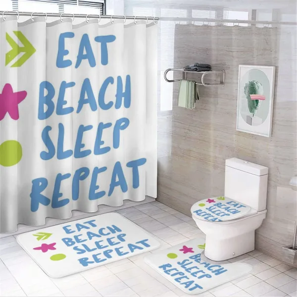 Eat Beach Sleep Repeat Text on a shower curtain