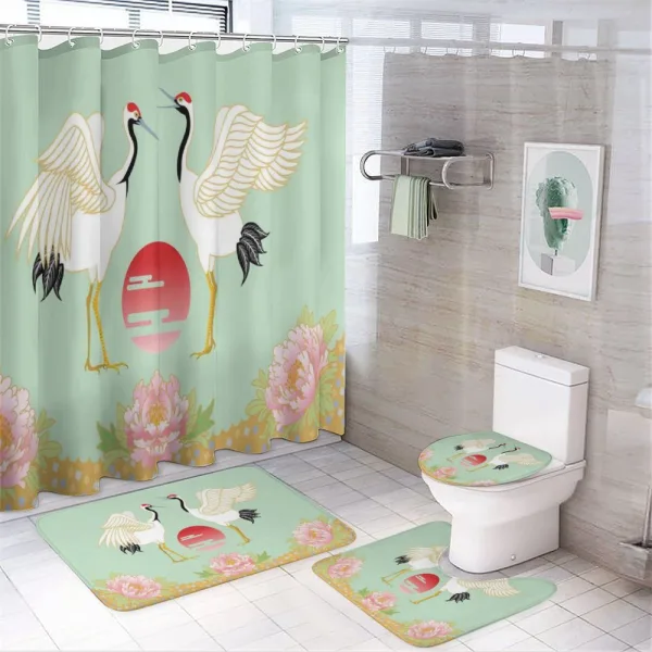 Japanese Cranes Sunrise on a shower curtain