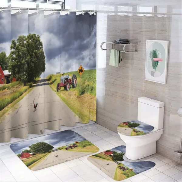 Barn and Tractor on Side on a shower curtain
