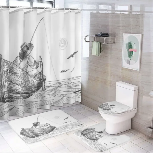Fisherman on Boat Sketch on a shower curtain