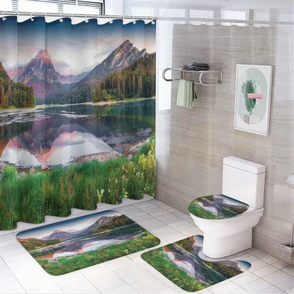 Swiss Lake Sunrise on a shower curtain