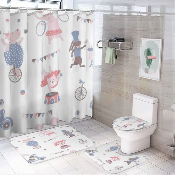 Comic Animal Performance on a shower curtain