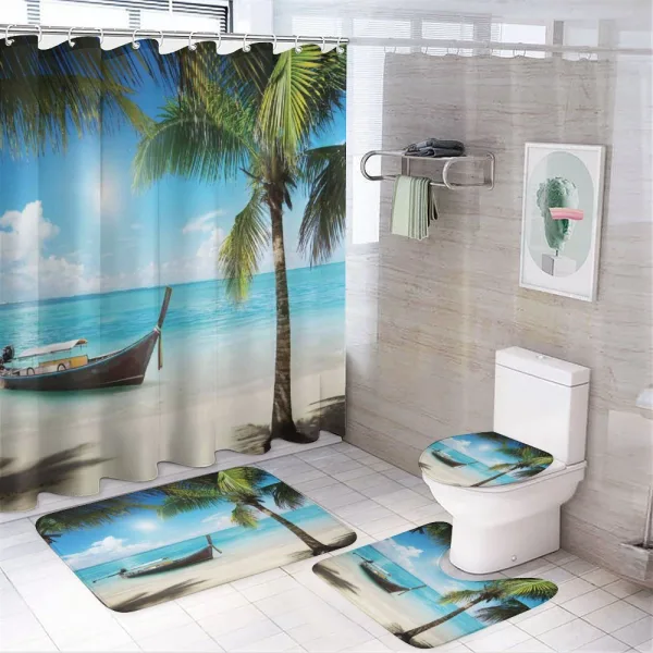 Small Boat Sunny Ocean on a shower curtain