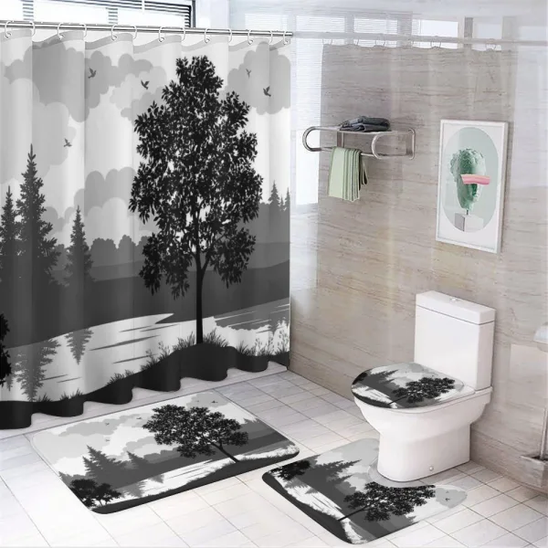 Trees Birds Cloudy Sky on a shower curtain