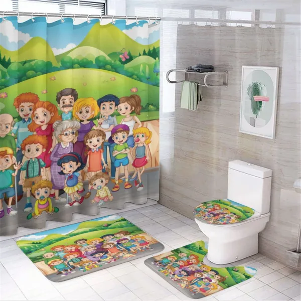 Cartoon Style Family Photo on a shower curtain