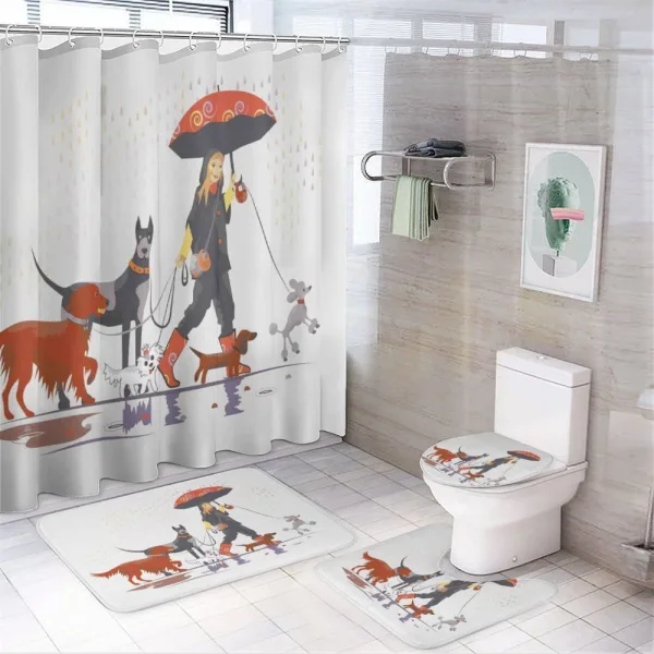 Girl with Dogs in Rain on a shower curtain