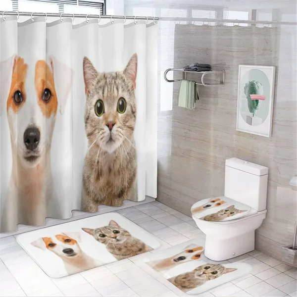 Portraits of Dog and Cat on a shower curtain