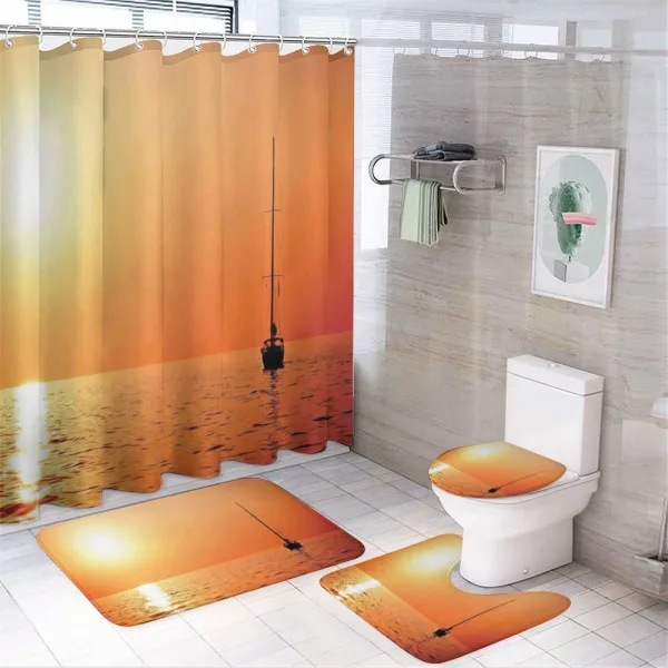 Lonely Yacht at Sunset on a shower curtain
