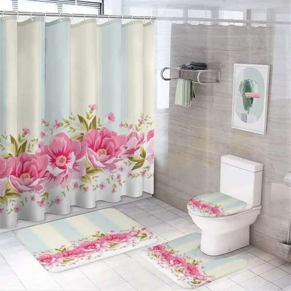 Pink Peony Border Tile on a shower curtain