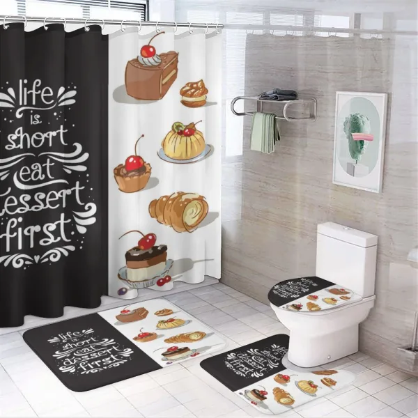 Eat Dessert First Patisserie on a shower curtain