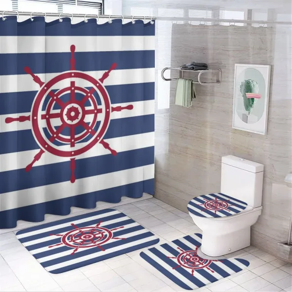 Red Ship Wheel on a shower curtain