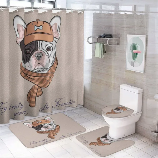 Hipster Bulldog with Cap Scarf on a shower curtain