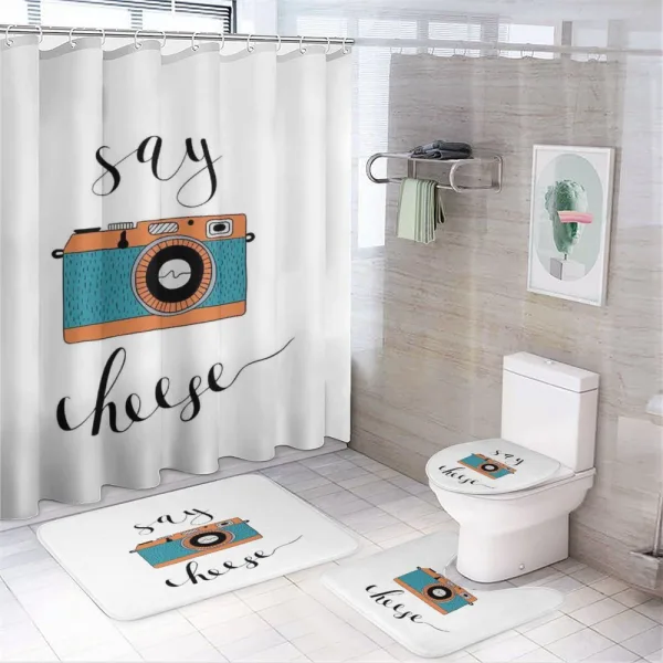 Say Cheese Lettering Photo on a shower curtain