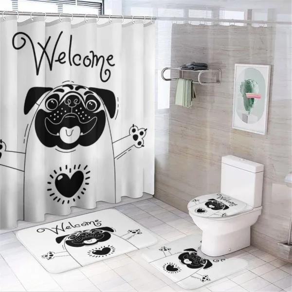 Black and White Dog on a shower curtain