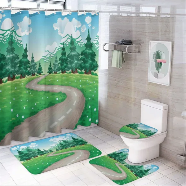 Pathway Among Pine Trees on a shower curtain