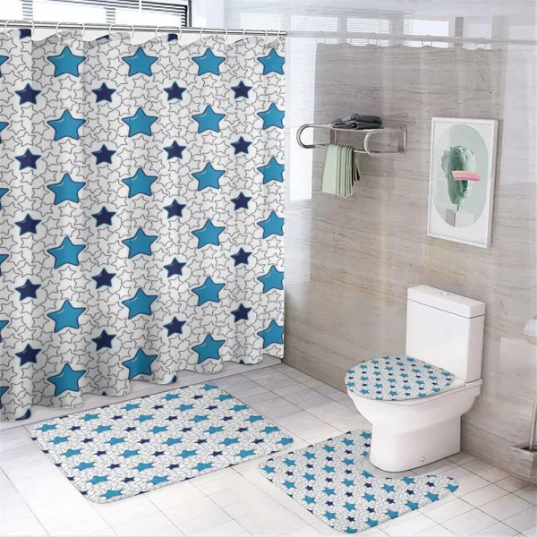 Blue Toned Cartoon Motifs on a shower curtain