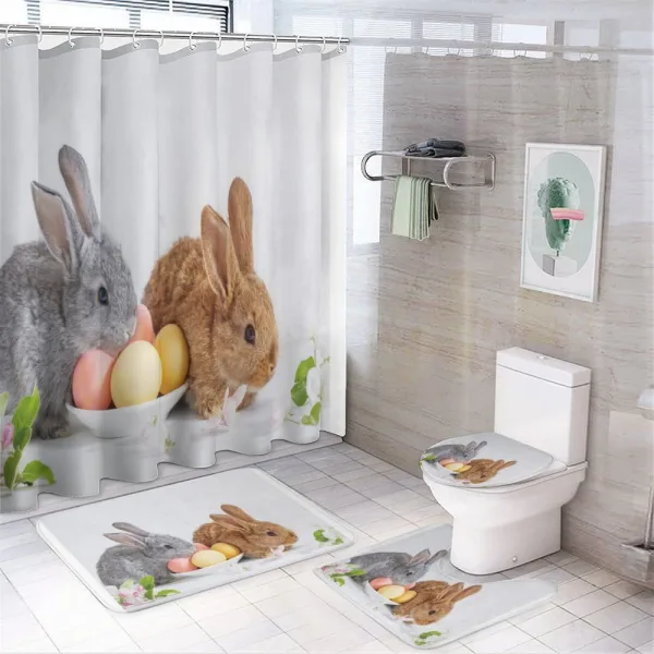 2 Rabbits with Eggs on a shower curtain