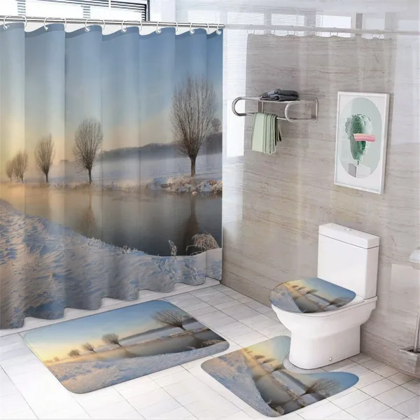 Snowy Season River Trees on a shower curtain