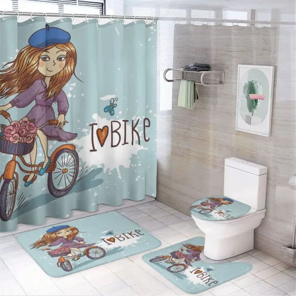 Cartoon Girl with Bike on a shower curtain