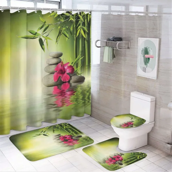 Stones Bamboo Leaves on a shower curtain