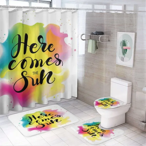 Here Comes Sun Text on a shower curtain