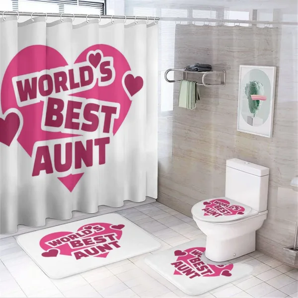 World's Best Aunt Lettering on a shower curtain