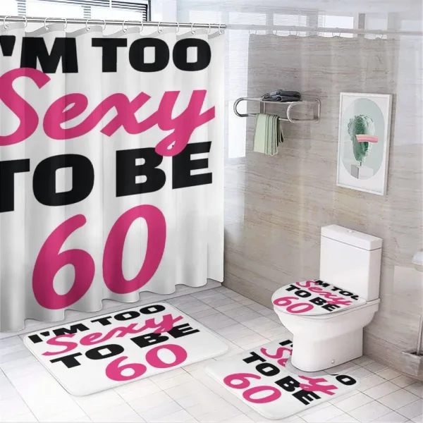 Being 60 Themed Typography on a shower curtain