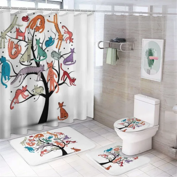 Cat Tree with Kittens on a shower curtain