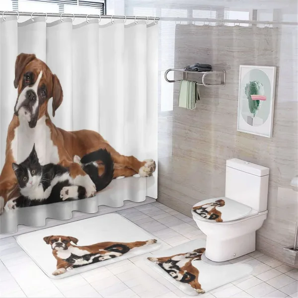 Cat Dog Friends Portrait on a shower curtain