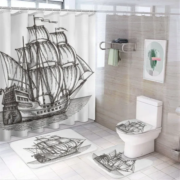 Retro Ship on Water on a shower curtain