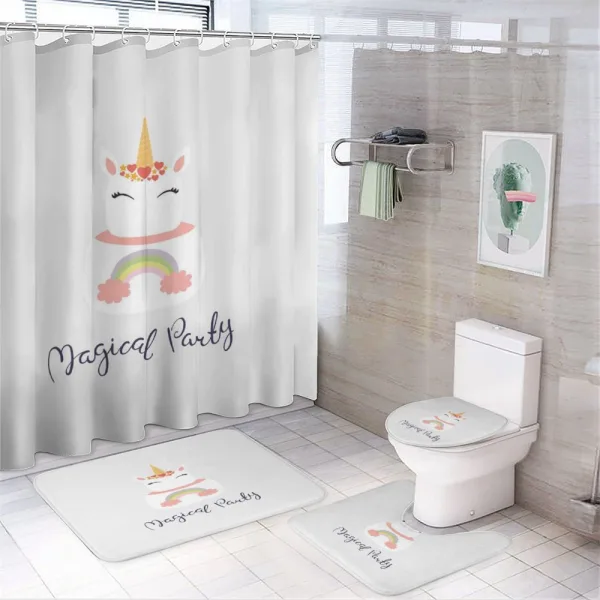 Unicorn Cake Cursive Words on a shower curtain