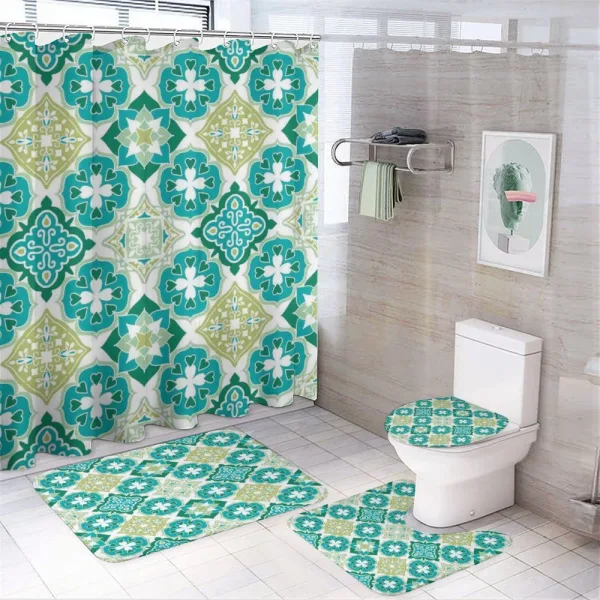 Geometric Colored Tiles on a shower curtain
