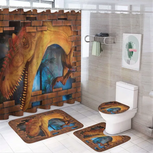 Dino Breaks Brick Wall on a shower curtain
