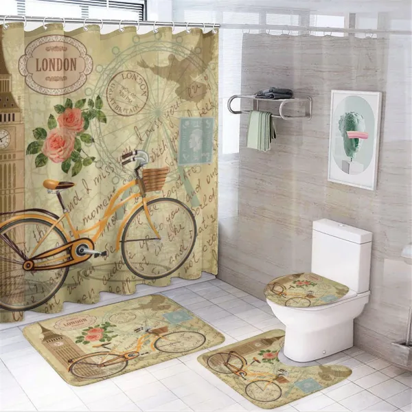 Stamp Big Ben and Bicycle on a shower curtain