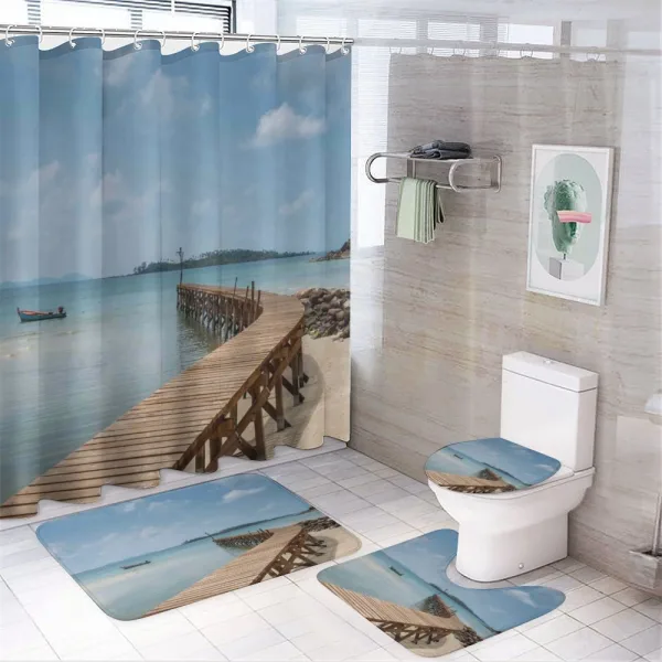 Wooden Bridge to Sea on a shower curtain