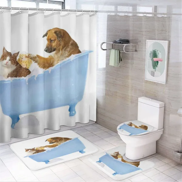 Dog and Cat in Bathtub on a shower curtain