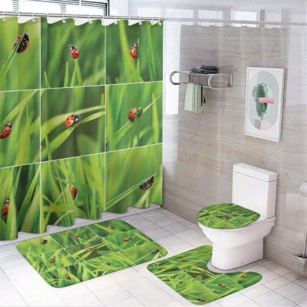Ladybug over Fresh Grass on a shower curtain