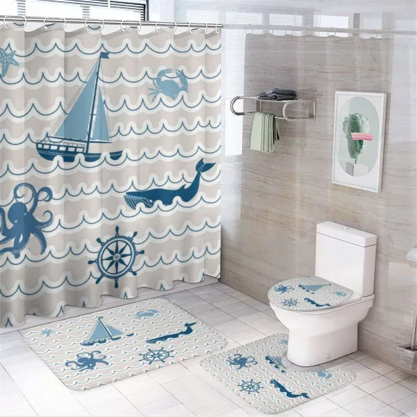 Cartoon Ship Whale Waves on a shower curtain