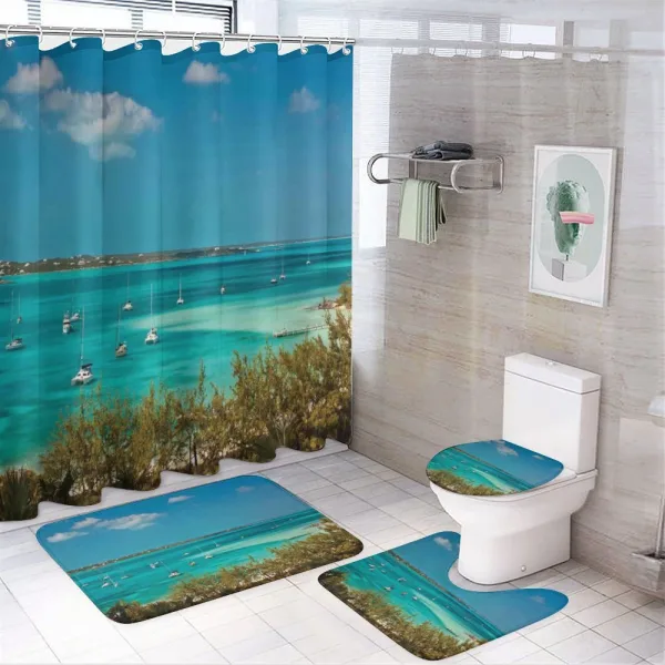 Anchored Boats in Sea on a shower curtain