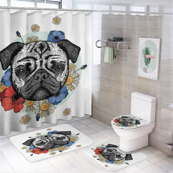 Dog Sketch with Flowers on a shower curtain