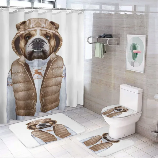 Puppy in a down Vest on a shower curtain