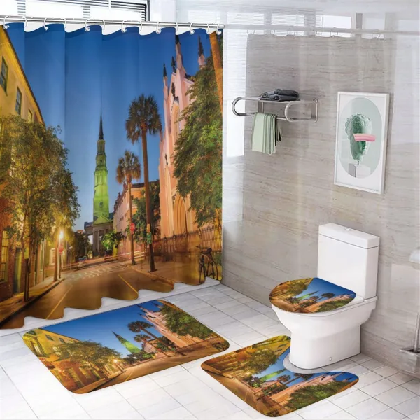 Street at Sunset Scene on a shower curtain
