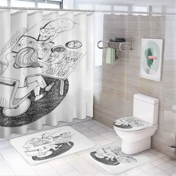 Girl and Cat Read on Desk on a shower curtain