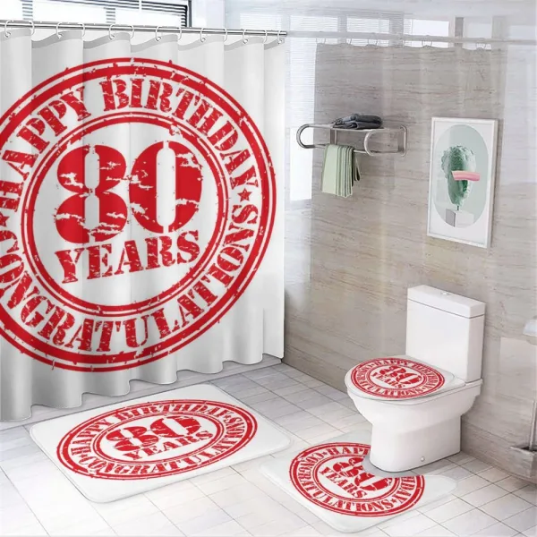 Happy Birthday Stamp on a shower curtain