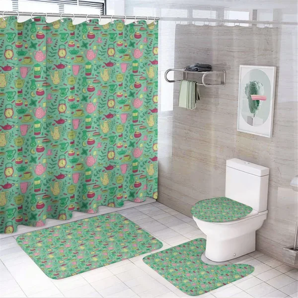 Teapots and Cups on Green on a shower curtain