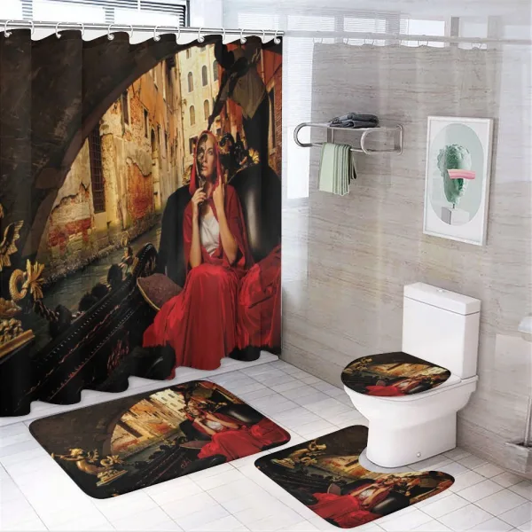 Woman in Red Cloak Mask on a shower curtain