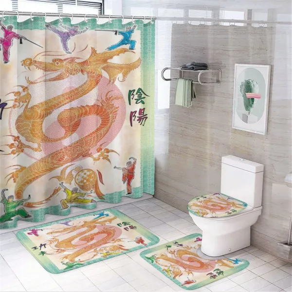 Colorful Dragon and Samurais on a shower curtain